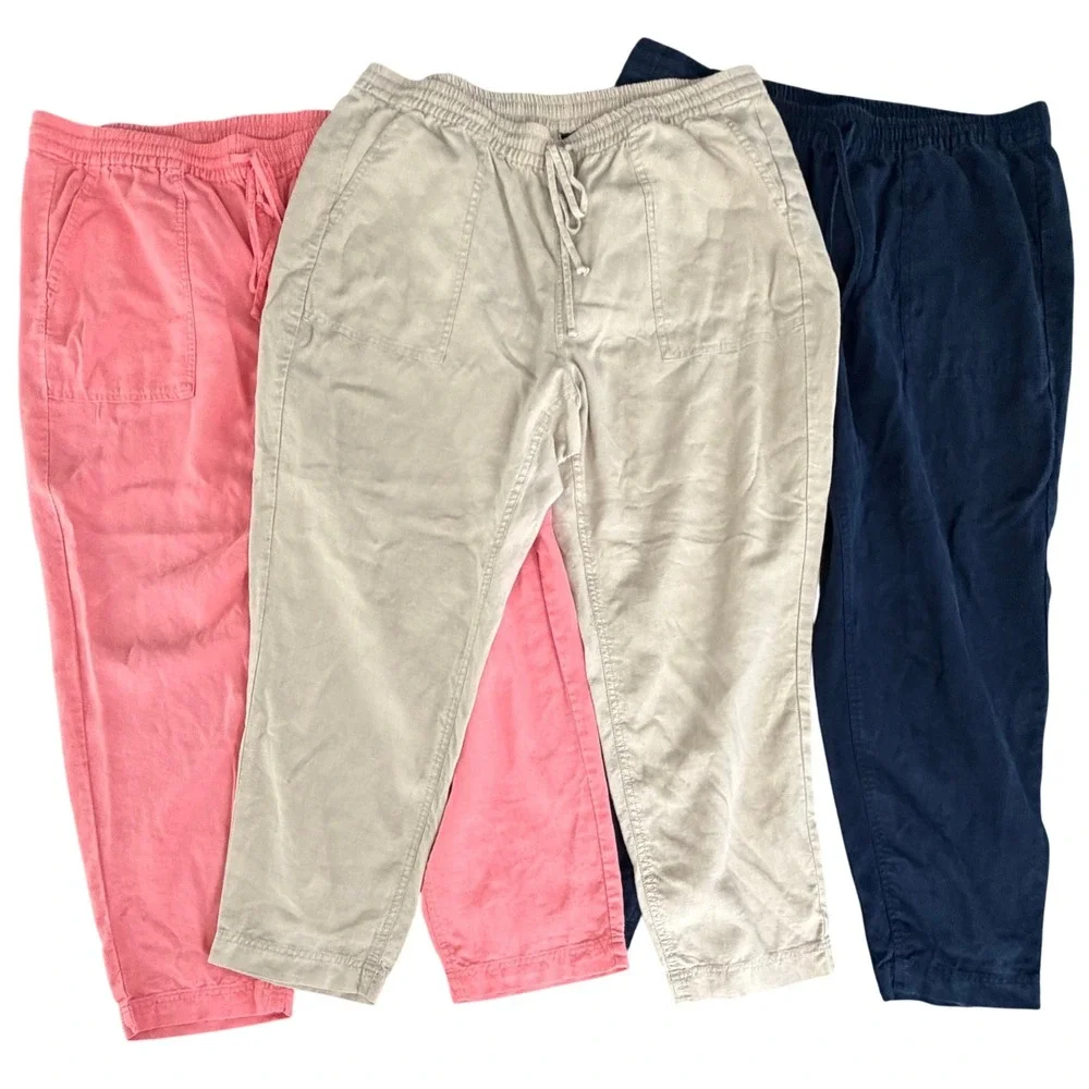 J Crew Linen Blend Seaside Pants Bundle 3 Pairs XL Drawstring Pink Navy Beige